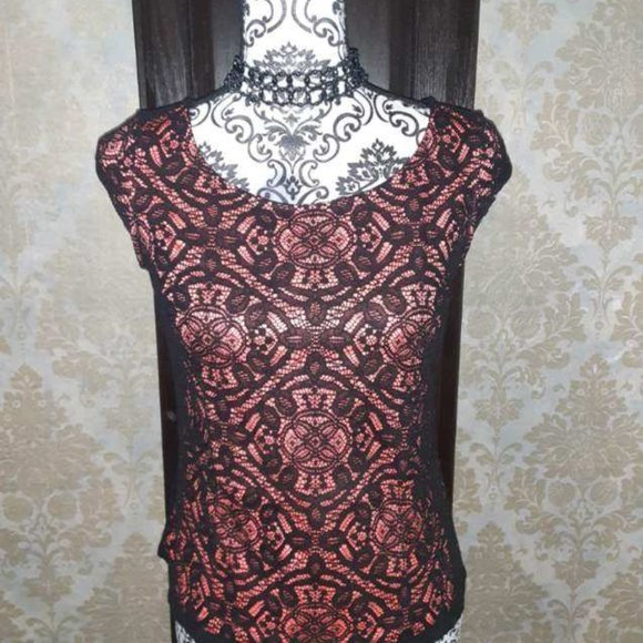 Express top Lace overlay Coral/black tight stretch top - Picture 2 of 11